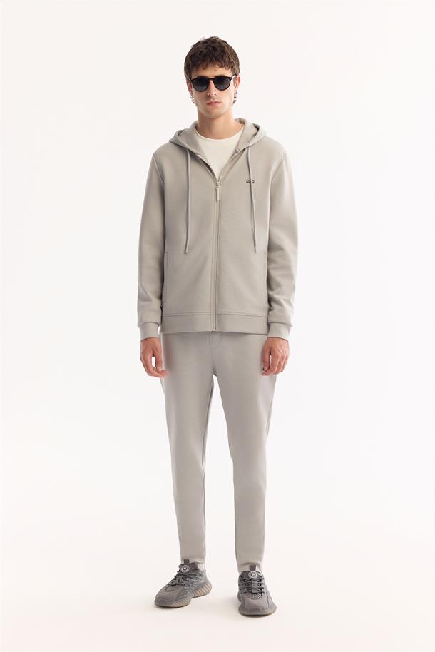 Gri Kapüşonlu Yaka Fermuarlı Kolay Ütülenen Bi-Stretch Sweatshirt