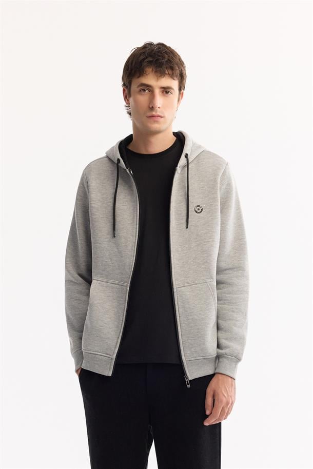 Gri Kapüşonlu 3 İplik Şardonlu Fermuarlı Sweatshirt