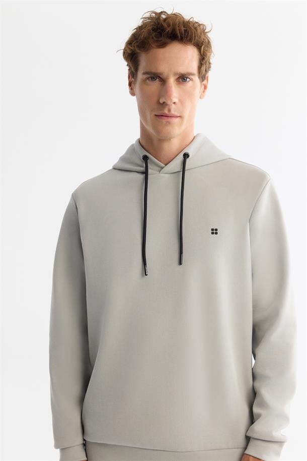 Gri Kapüşonlu Esnek Yumuşak Doku İnterlok Kumaş Basic Sweatshirt