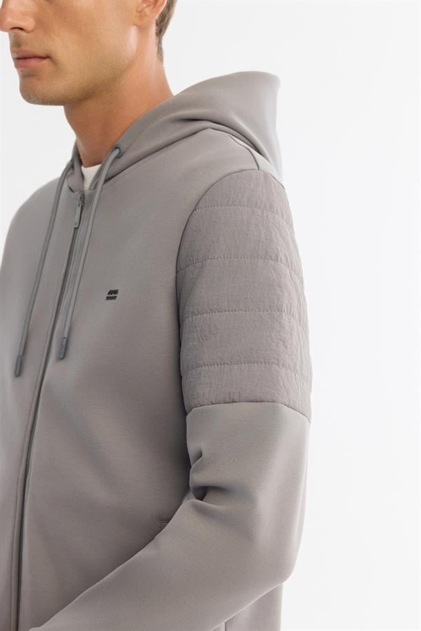 Gri Kapüşonlu Pamuklu Fermuarlı Elastan Sweatshirt