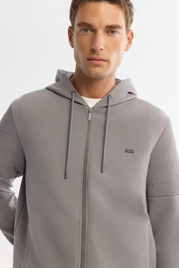 Gri Kapüşonlu Pamuklu Fermuarlı Elastan Sweatshirt