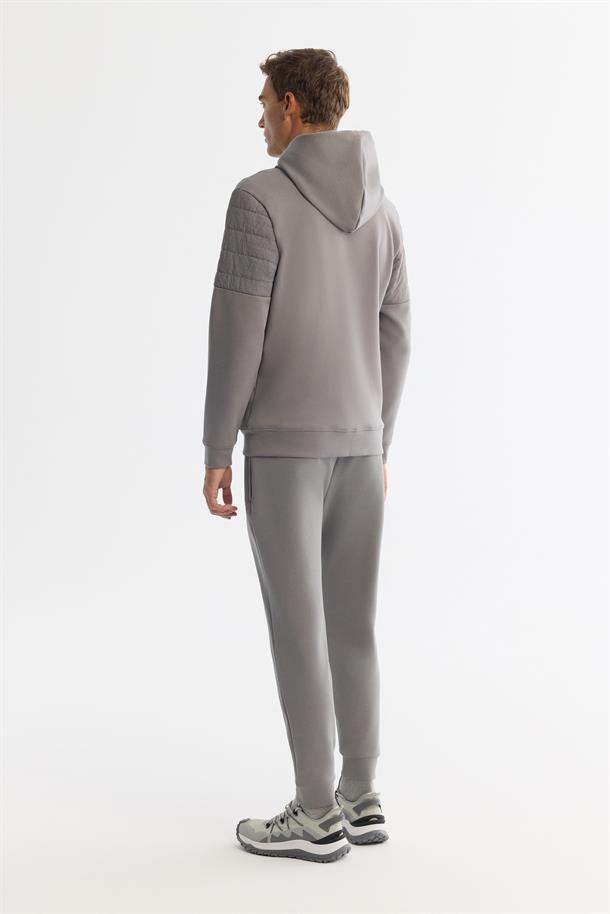 Gri Kapüşonlu Pamuklu Fermuarlı Elastan Sweatshirt