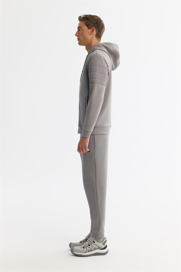 Gri Kapüşonlu Pamuklu Fermuarlı Elastan Sweatshirt