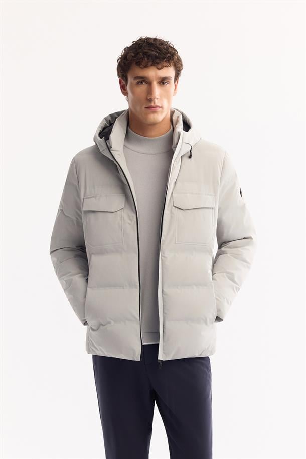 Gri Kapüşonlu %100 Kaz Tüyü Su İtici Rüzgar Geçirmez -7 Dereceye Dayanıklı Şişme Mont