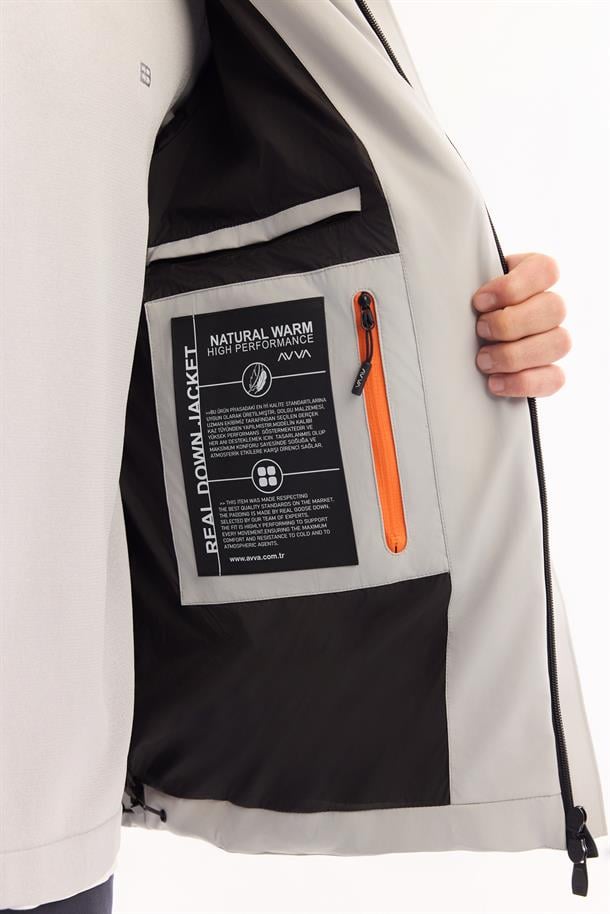 Gri Kapüşonlu %100 Kaz Tüyü Su İtici Rüzgar Geçirmez -7 Dereceye Dayanıklı Şişme Mont