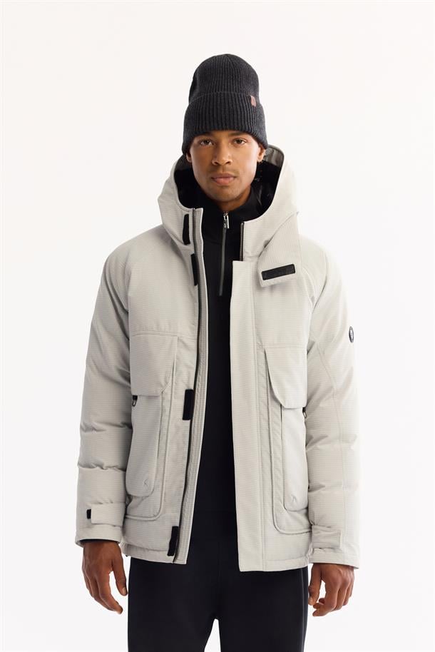 Grey Hooded Water Repellent Puffer Jacket Resistant to -7°C