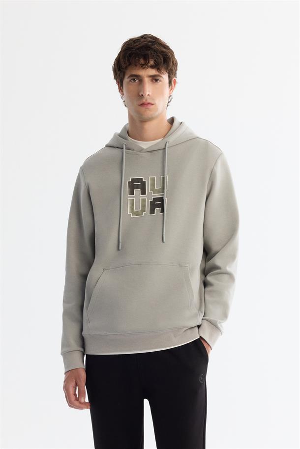 Gri Kapüşonlu Pamuklu Baskılı Elastan Sweatshirt