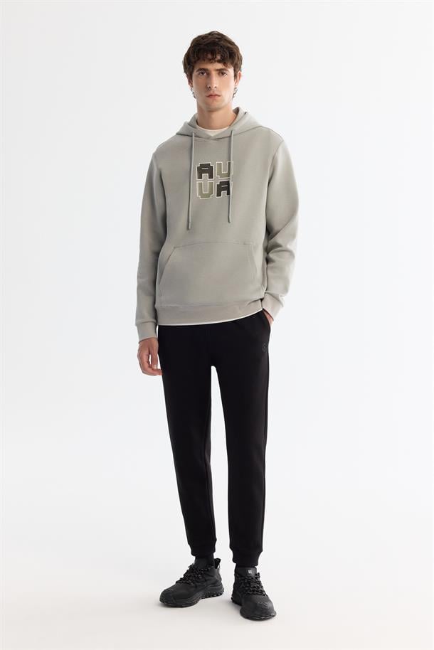 Gri Kapüşonlu Pamuklu Baskılı Elastan Sweatshirt
