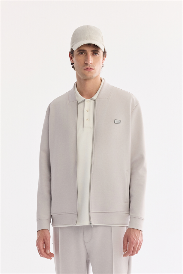 Gri Kare Yaka Fermuarlı Pamuklu Kolay Ütülenen Sweatshirt