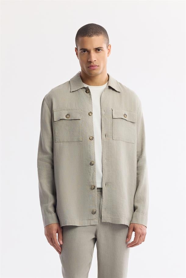 Gri Klasik Yaka %100 Keten Gömlek Ceket