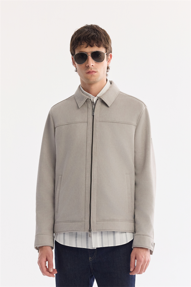 Gri Klasik Yaka Süet Dokulu Mevsimlik Mont