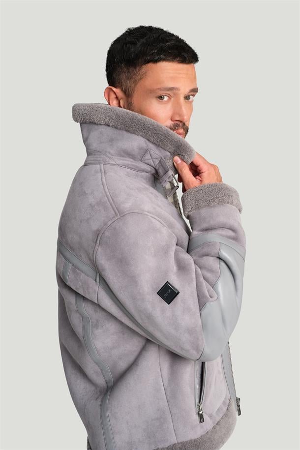 Grey Faux Leather Jacket with Shearling Collar