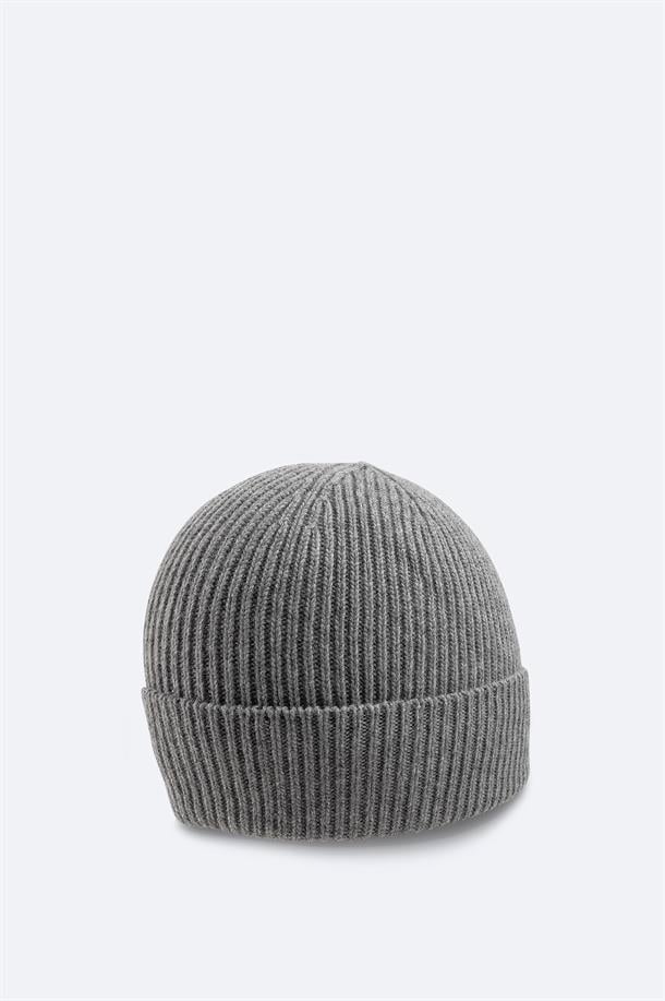 Grey Wool Blend Logo Ribbed Beanie