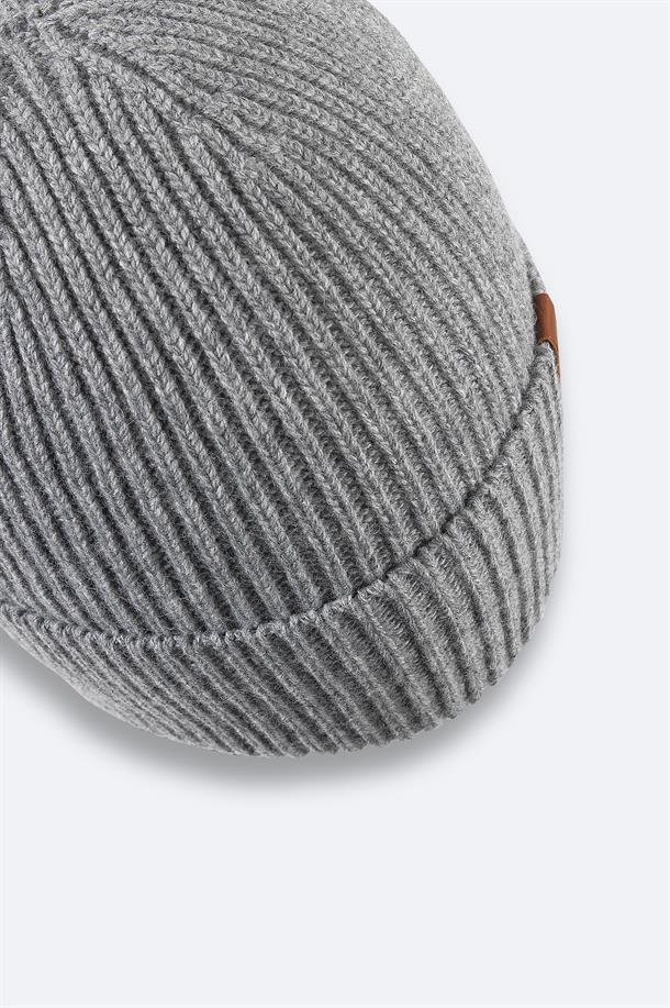 Grey Wool Blend Logo Ribbed Beanie