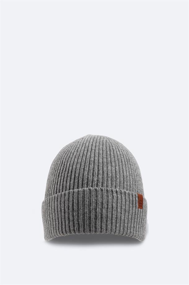 Grey Wool Blend Logo Ribbed Beanie