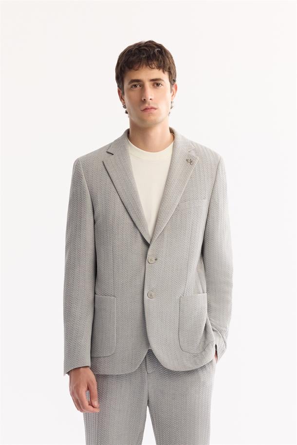 Gri Mono Yaka Bi-Stretch Hafif Dokulu Blazer Ceket