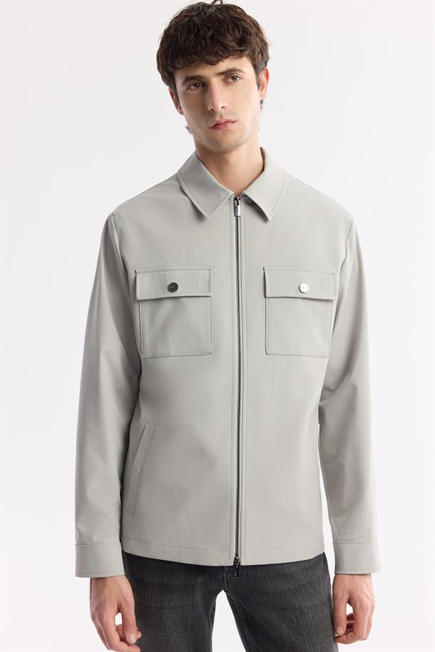 Gri Klasik Yaka Su İtici Bi Stretch Teknik Kumaş İnce Mont