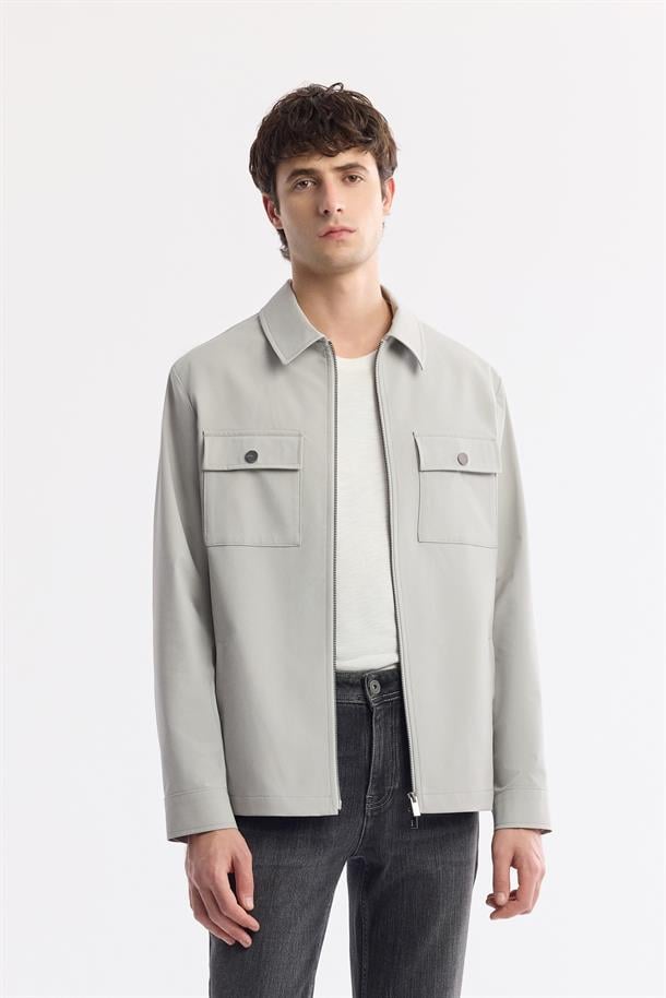 Gri Klasik Yaka Su İtici Bi Stretch Teknik Kumaş İnce Mont