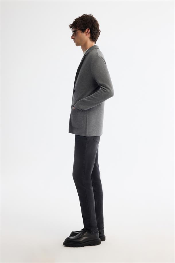 Gri Mono Yaka Kruvaze Torba Cepli Yün Karışımlı Triko Hırka