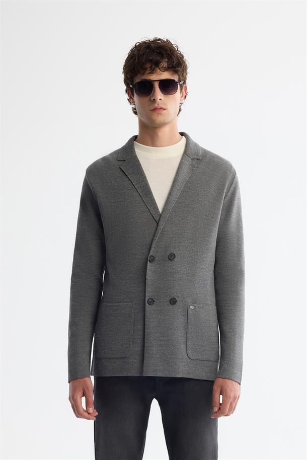 Gri Mono Yaka Kruvaze Torba Cepli Yün Karışımlı Triko Hırka