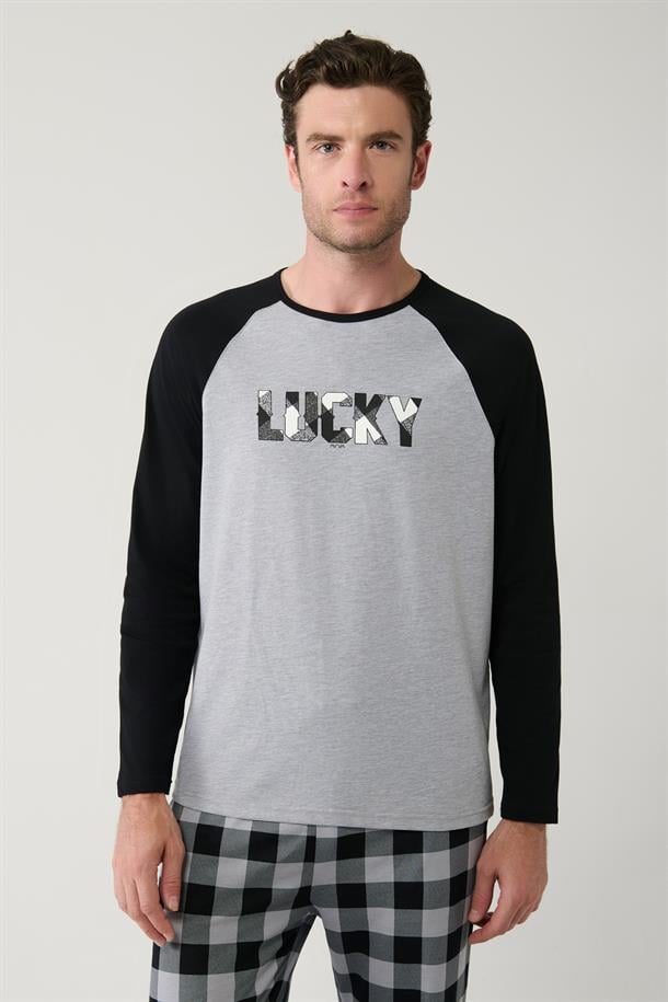 Gri Bisiklet Yaka Pamuklu Reglan Özel Kutulu Pijama Takımı