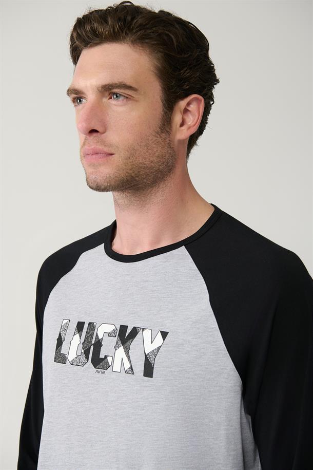 Gri Bisiklet Yaka Pamuklu Reglan Özel Kutulu Pijama Takımı