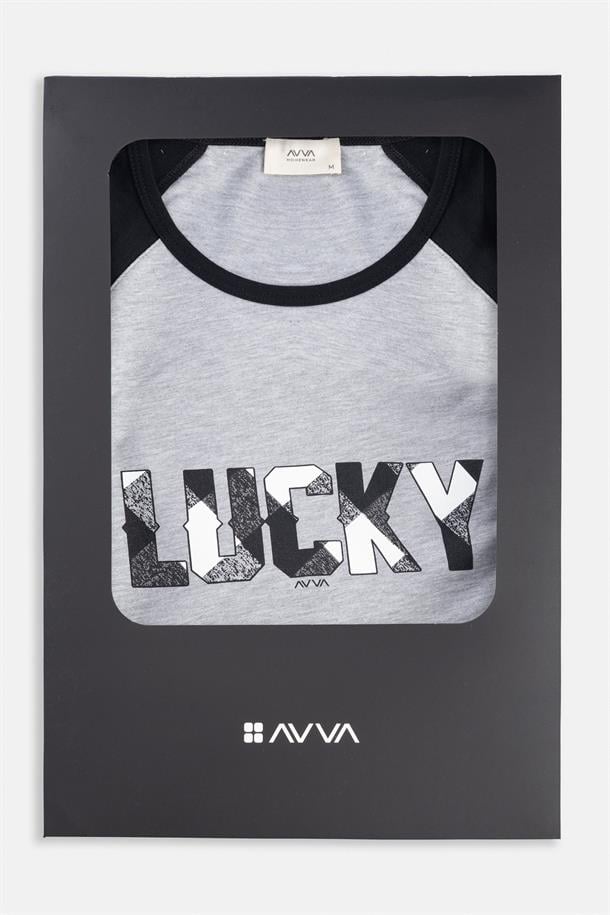 Gri Bisiklet Yaka Pamuklu Reglan Özel Kutulu Pijama Takımı