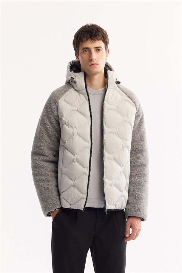 Grey Hooded Windproof Puffer Jacket with Plush Texture Resistant to -5°C