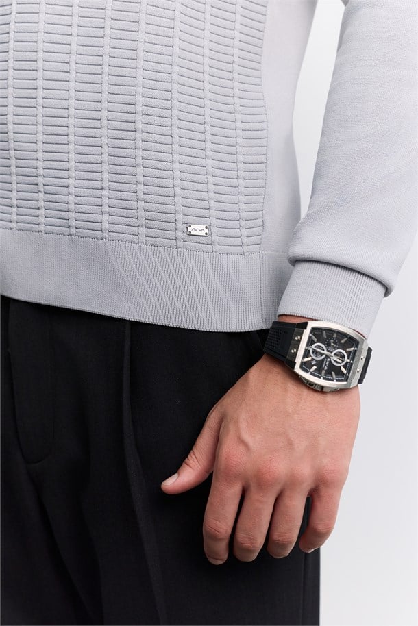 Gri Polo Yaka Fermuarlı Rayon Karışımlı Kazak