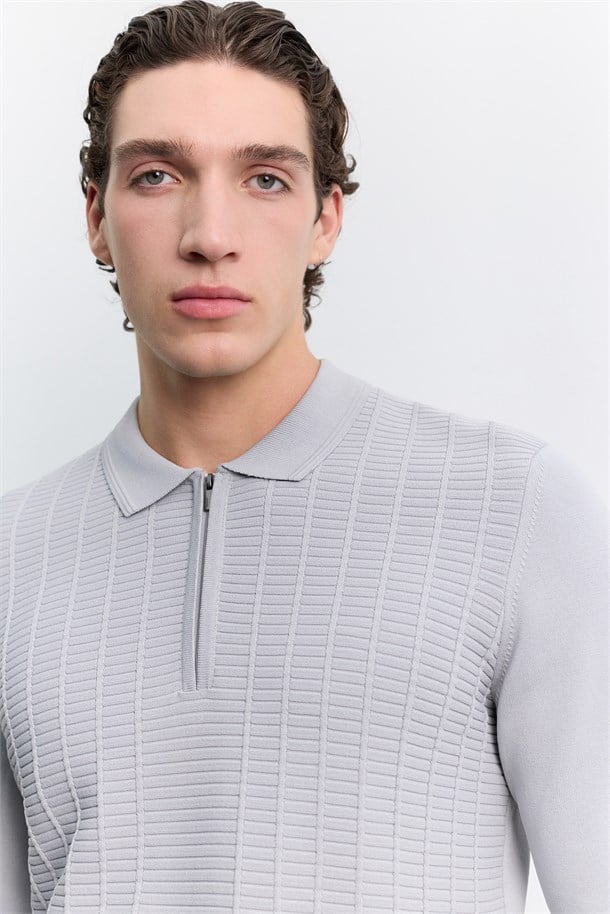 Gri Polo Yaka Fermuarlı Rayon Karışımlı Kazak