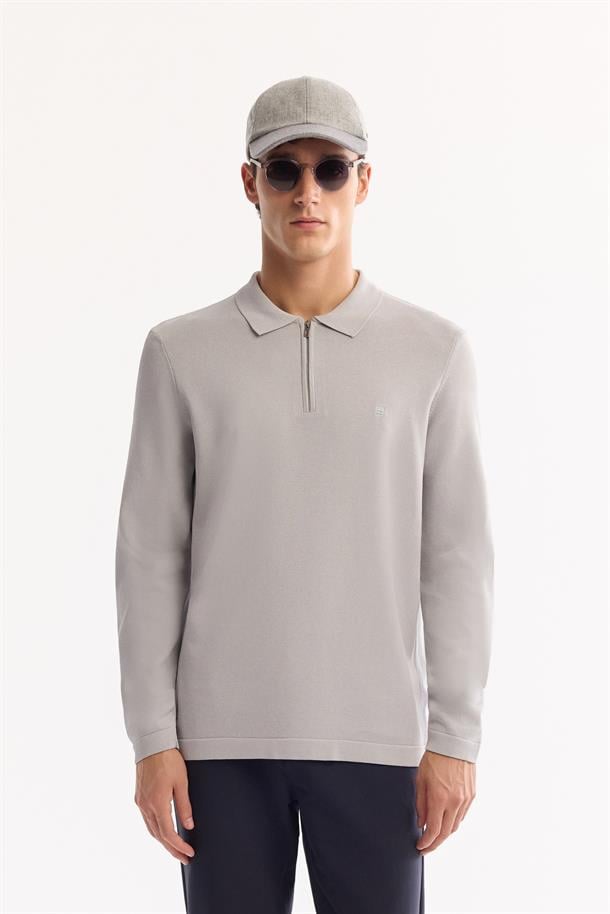 Gri Polo Yaka Fermuarlı Rayon Tüylenmeyen Basic Triko Kazak