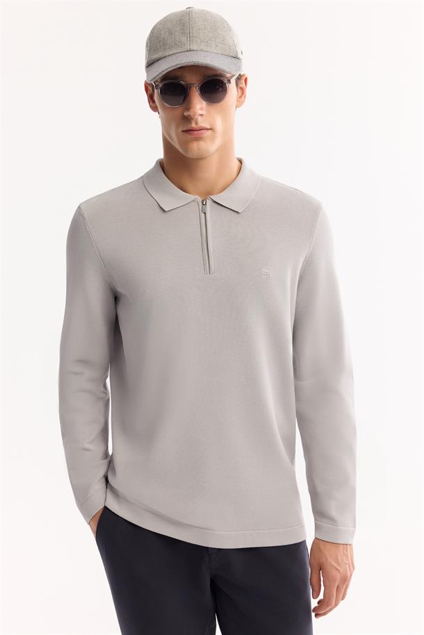 Gri Polo Yaka Fermuarlı Rayon Tüylenmeyen Basic Triko Kazak