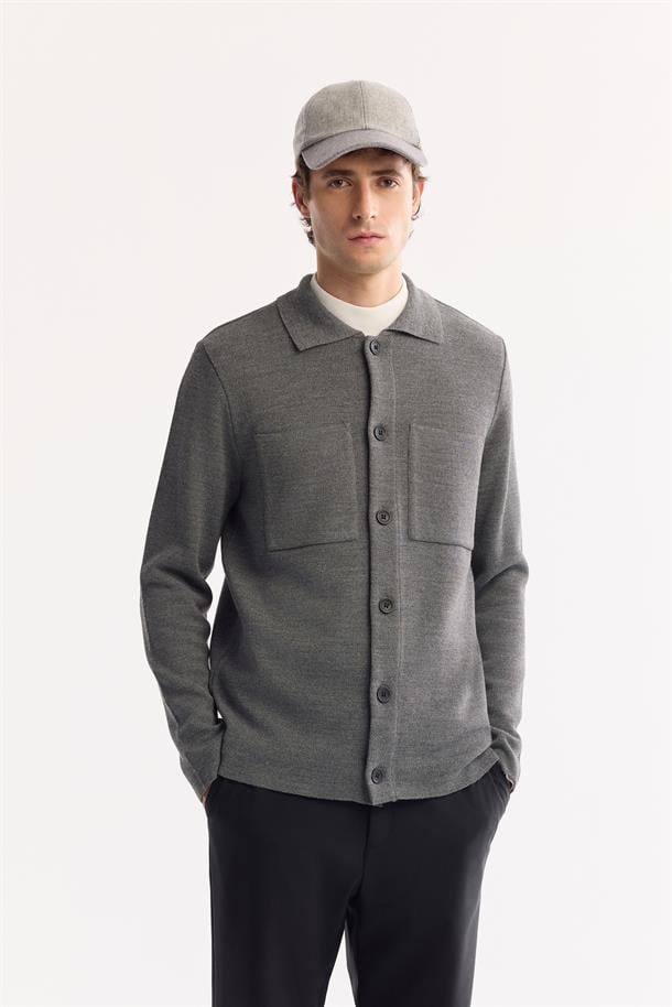 Gri Polo Yaka Düğmeli Yün Karışımlı Hırka