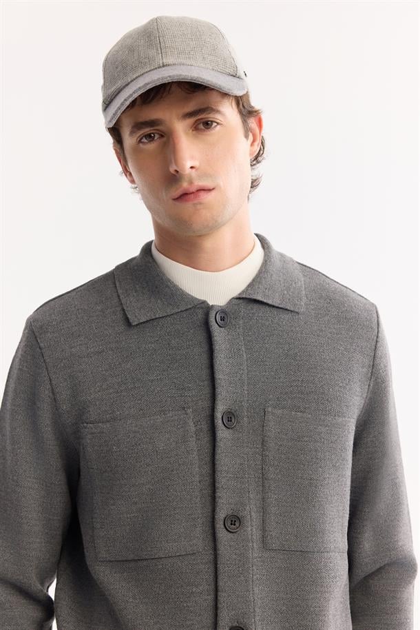 Gri Polo Yaka Düğmeli Yün Karışımlı Hırka