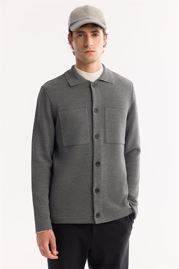 Gri Polo Yaka Düğmeli Yün Karışımlı Hırka