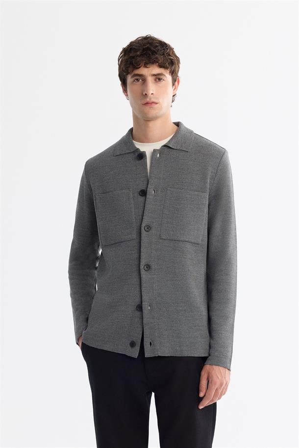 Gri Polo Yaka Düğmeli Yün Karışımlı Hırka