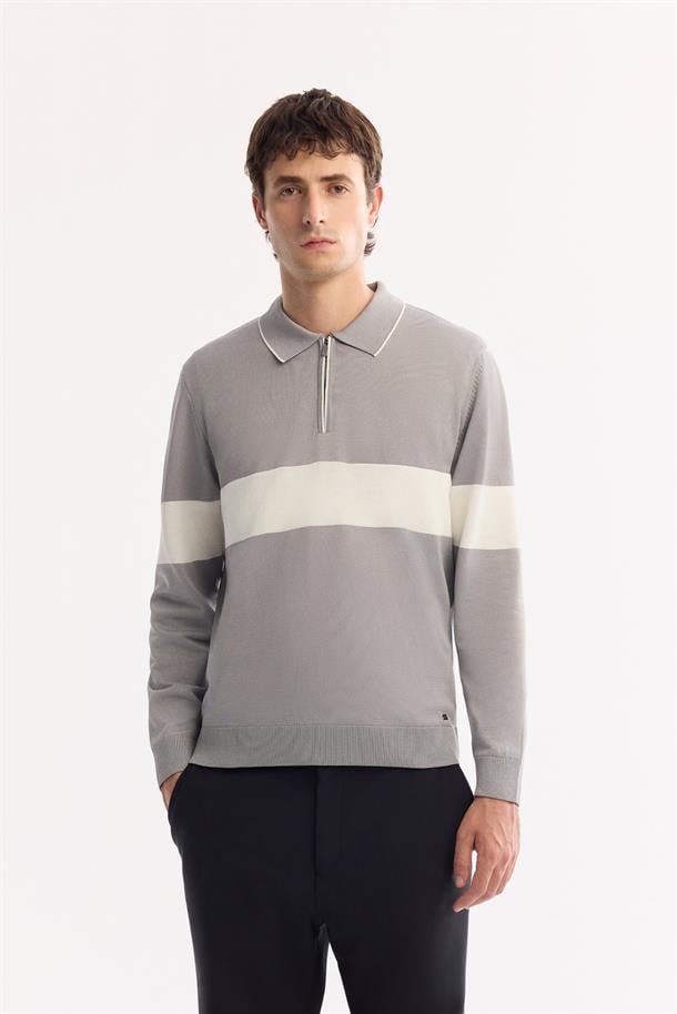 Gri Polo Yaka Fermuarlı Çizgili Triko Kazak