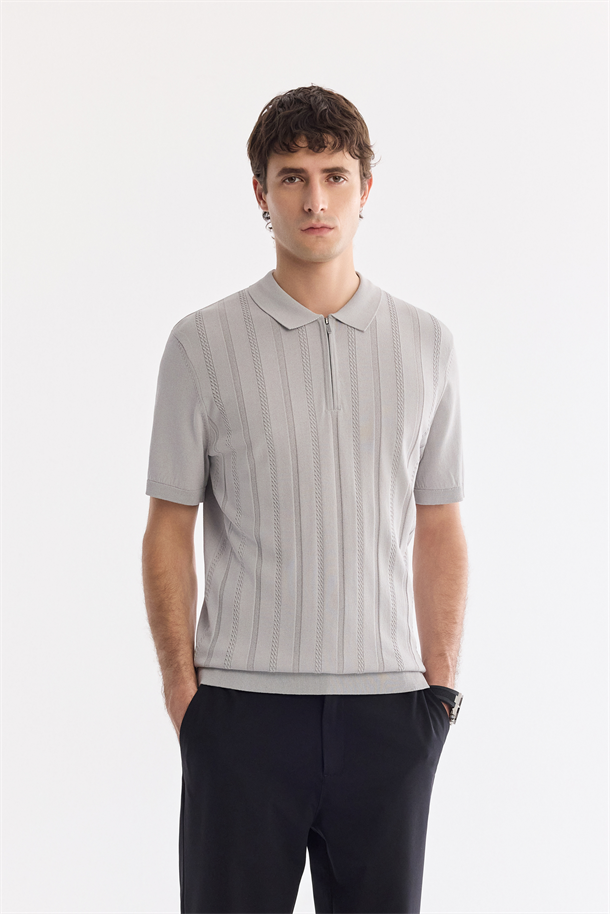 Gri Polo Yaka Fermuarlı Rayon Triko T-shirt