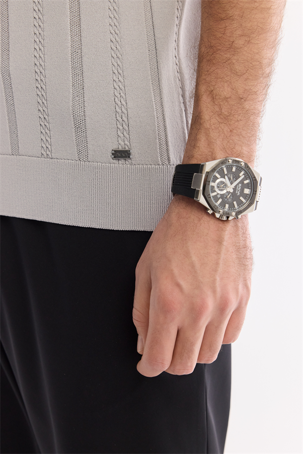 Gri Polo Yaka Fermuarlı Rayon Triko T-shirt