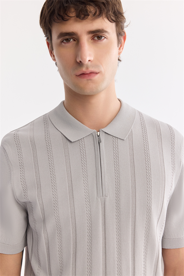 Gri Polo Yaka Fermuarlı Rayon Triko T-shirt