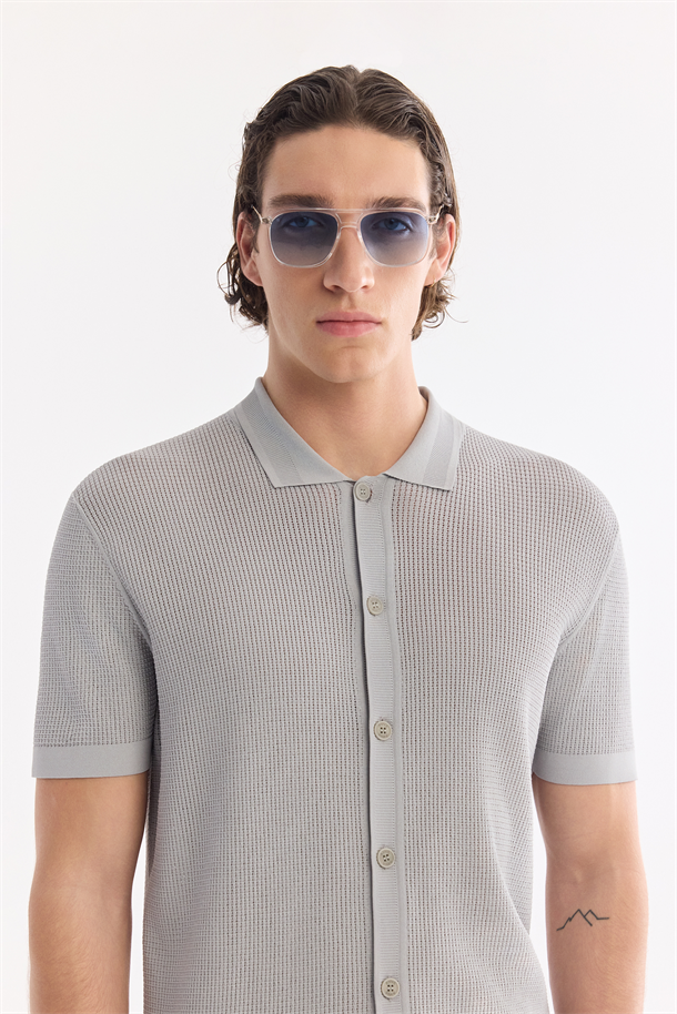 Gri Polo Yaka Önden Düğmeli Triko T-Shirt