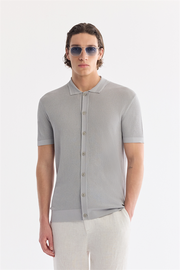 Gri Polo Yaka Önden Düğmeli Triko T-Shirt