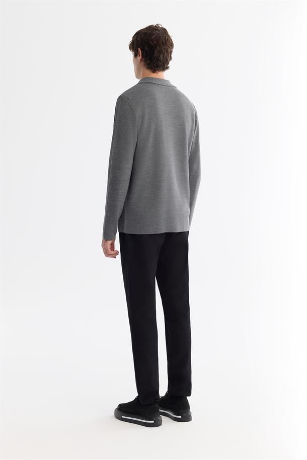 Gri Polo Yaka Düğmeli Yün Karışımlı Hırka