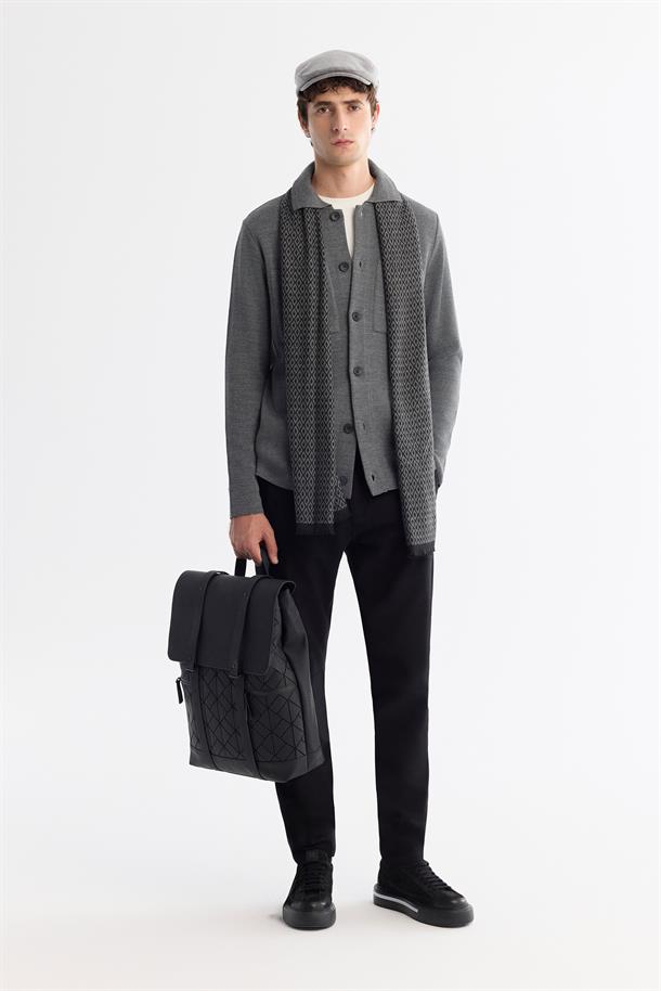 Gri Polo Yaka Düğmeli Yün Karışımlı Hırka