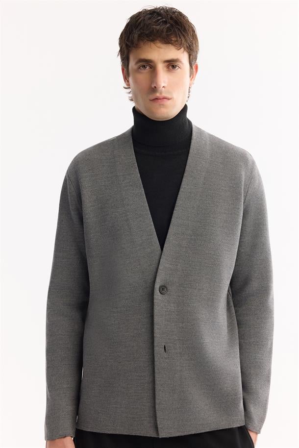 Gri Şal Yaka Düğmeli Yün Karışımlı Hırka