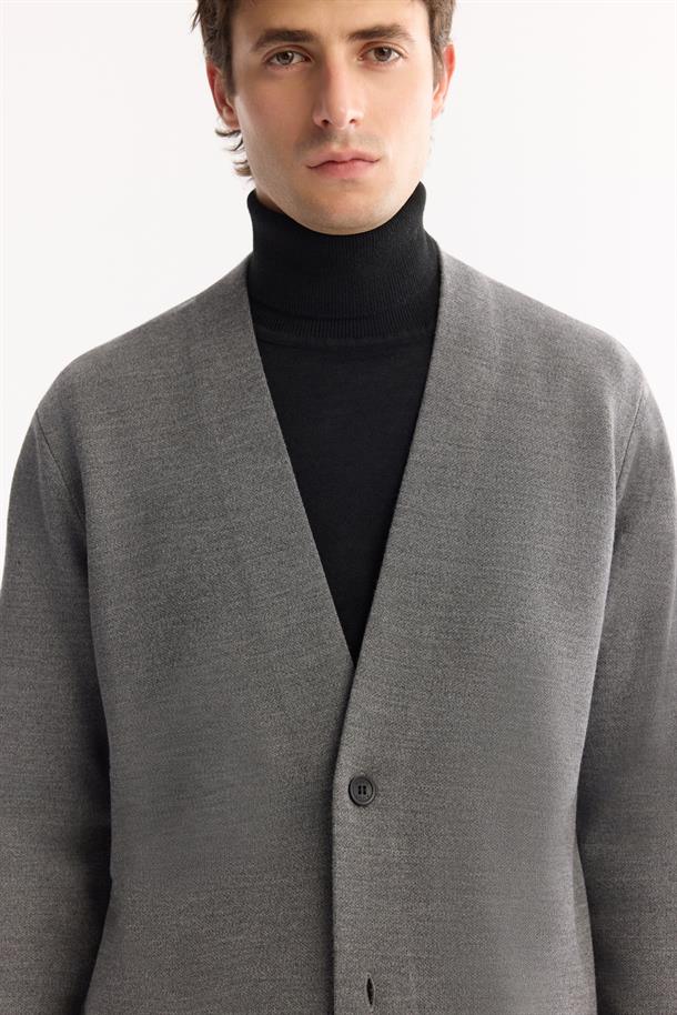 Gri Şal Yaka Düğmeli Yün Karışımlı Hırka