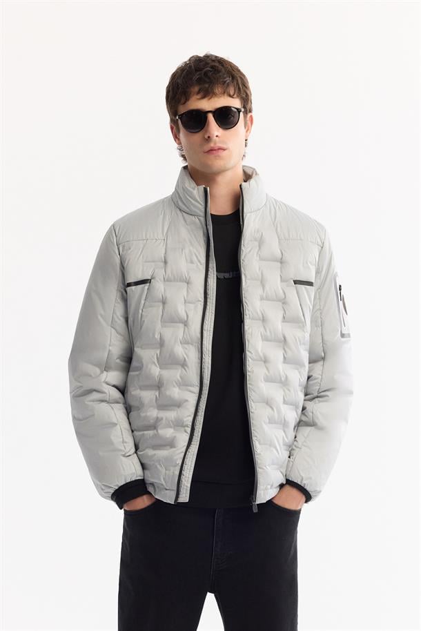 Grey Hooded Water-Repellent Windproof Puffer Jacket