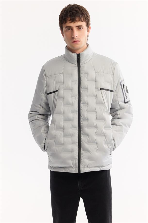 Grey Hooded Water-Repellent Windproof Puffer Jacket