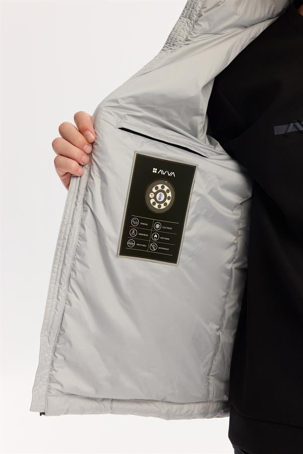 Gri Dik Yaka Su İtici Rüzgar Geçirmez Şişme Mont