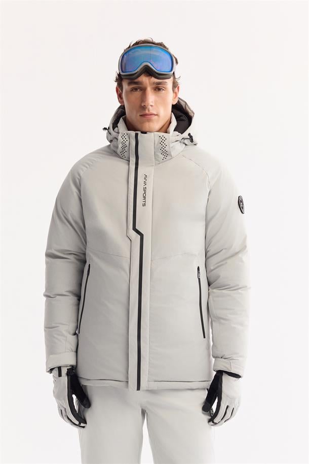 Gri Kapüşonlu Su İtici Rüzgar Geçirmez -15 Dereceye Dayanıklı Şişme Kayak Montu